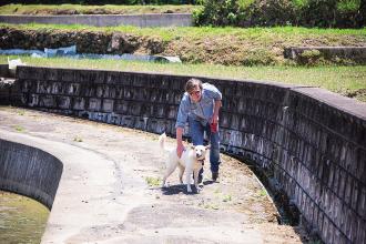 写真：犬と散歩するマークさん